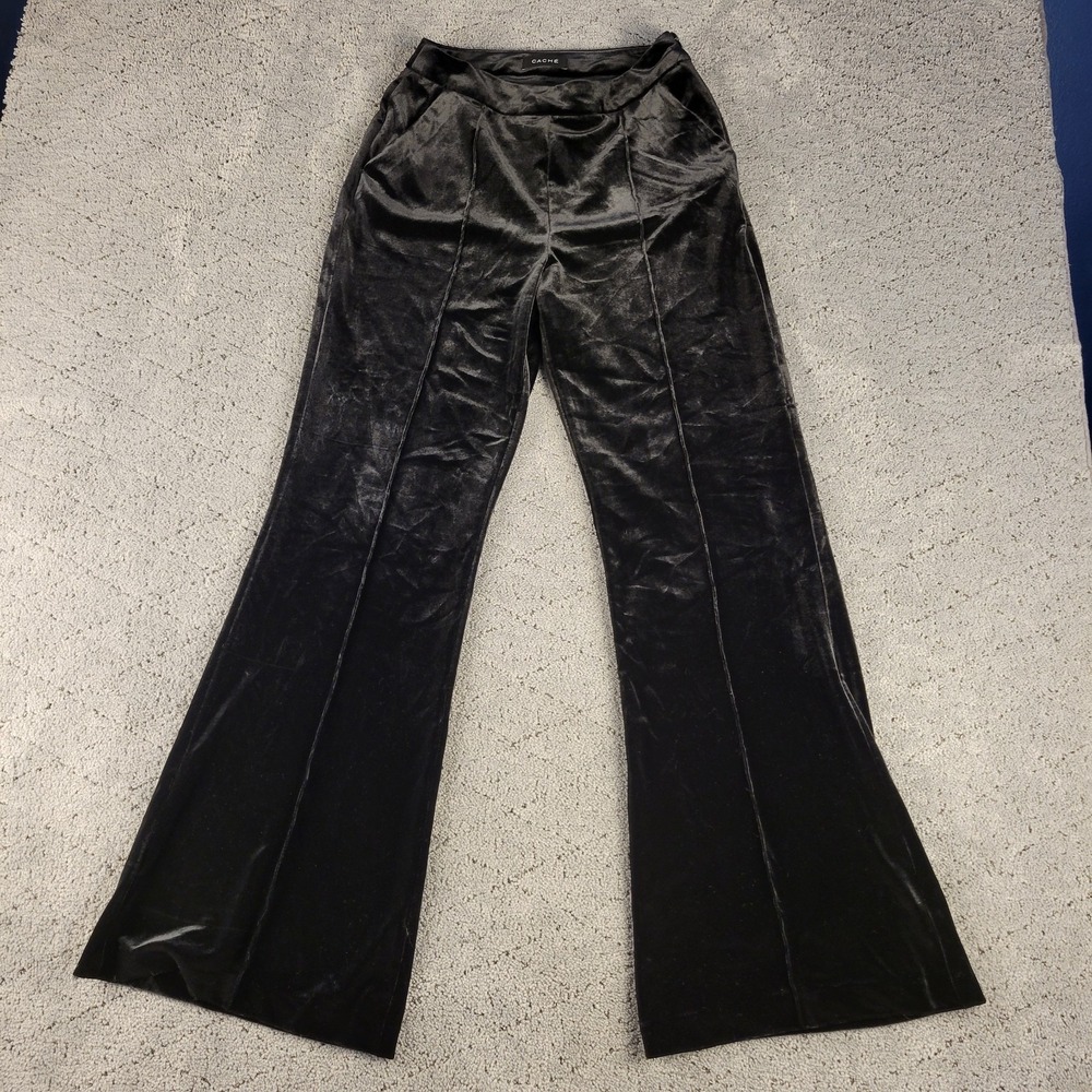 Cache Pants Womens 4 Black Velvet Bell Bottom Flared Side Zip Hippie Boho